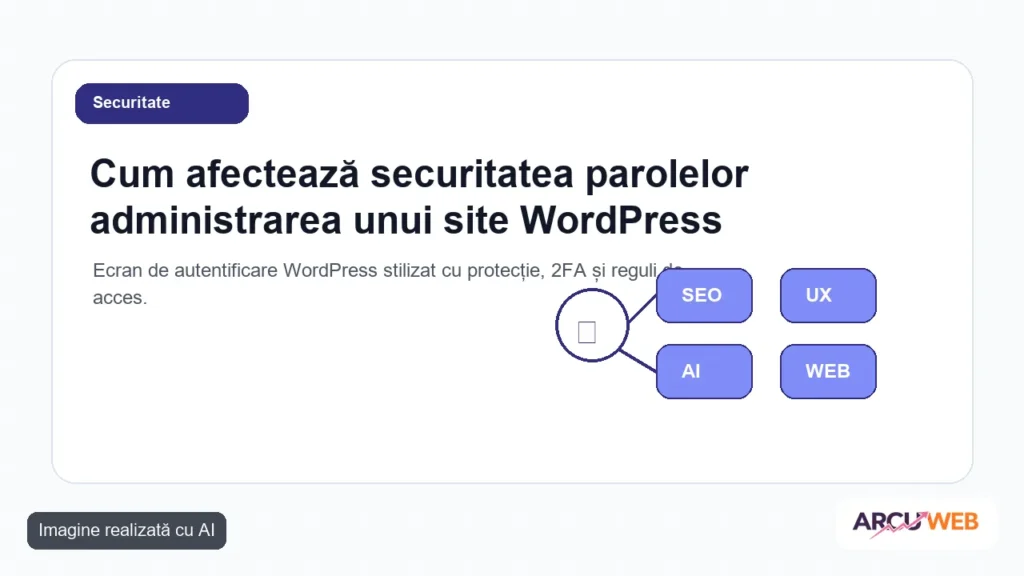 Ecran de autentificare WordPress stilizat cu protecție, 2FA și reguli de acces