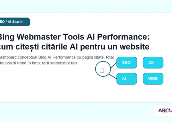 Dashboard conceptual Bing AI Performance cu pagini citate, total citations și trend în timp; fără screenshot fals