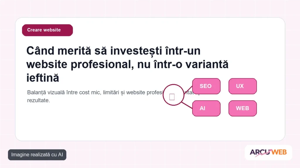 Balanță vizuală între cost mic, limitări și website profesional orientat spre rezultate