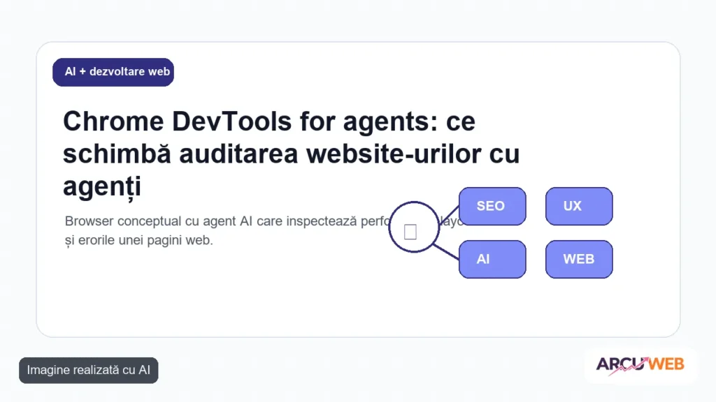 Browser conceptual cu agent AI care inspectează performanța, layout-ul și erorile unei pagini web
