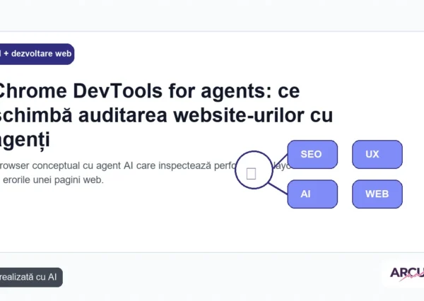 Browser conceptual cu agent AI care inspectează performanța, layout-ul și erorile unei pagini web
