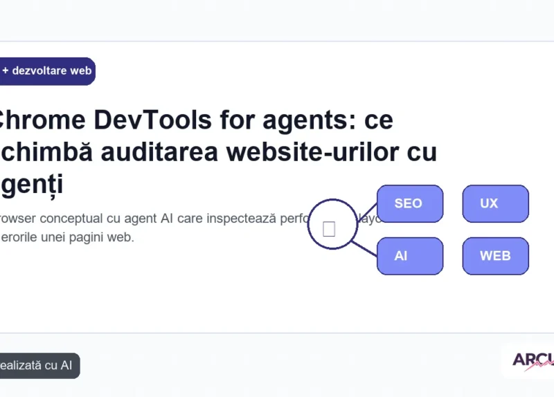 Browser conceptual cu agent AI care inspectează performanța, layout-ul și erorile unei pagini web