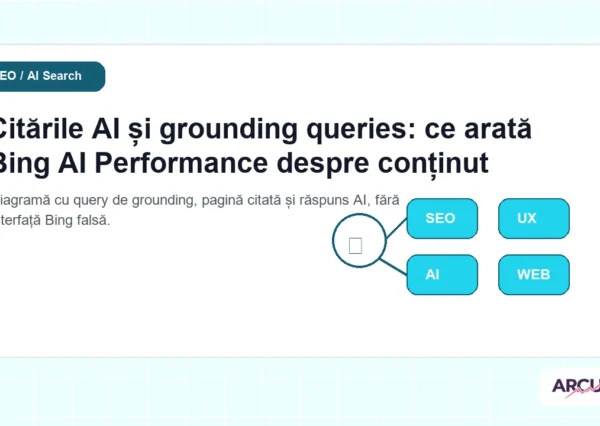 Diagramă cu query de grounding, pagină citată și răspuns AI, fără interfață Bing falsă