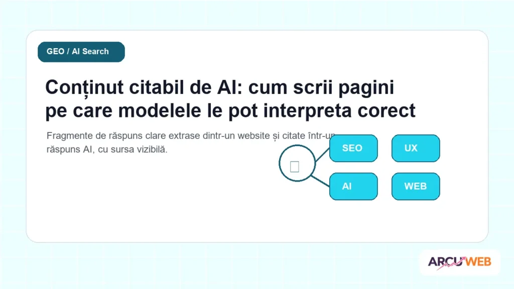 Fragmente de răspuns clare extrase dintr-un website și citate într-un răspuns AI, cu sursa vizibilă
