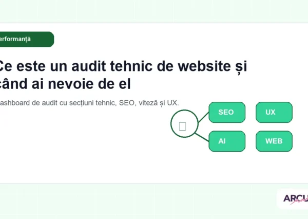 Dashboard de audit cu secțiuni tehnic, SEO, viteză și UX