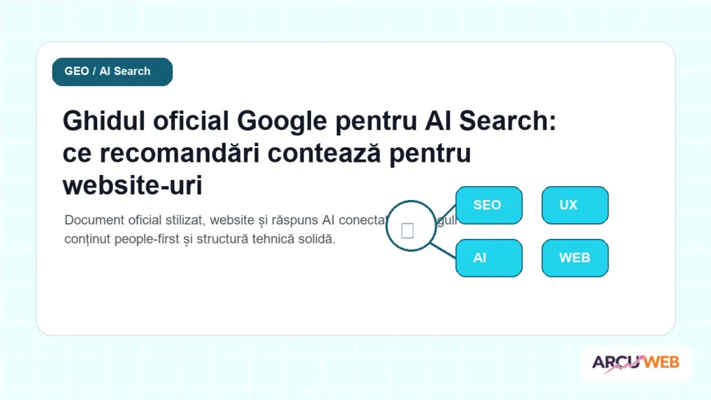 Document oficial stilizat, website și răspuns AI conectate prin reguli de conținut people-first și structură tehnică solidă