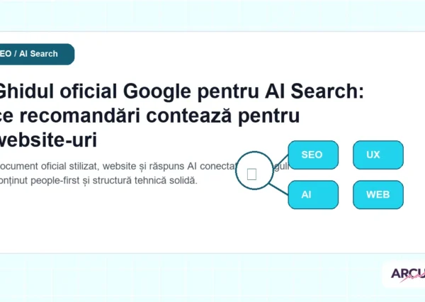 Document oficial stilizat, website și răspuns AI conectate prin reguli de conținut people-first și structură tehnică solidă