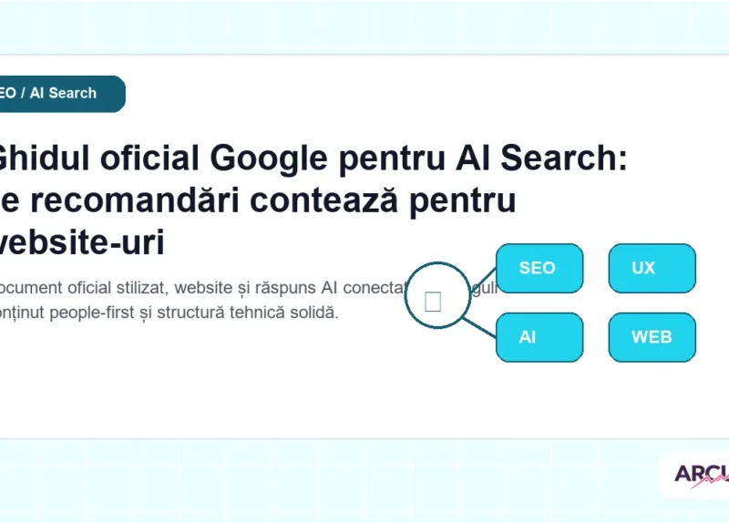 Document oficial stilizat, website și răspuns AI conectate prin reguli de conținut people-first și structură tehnică solidă