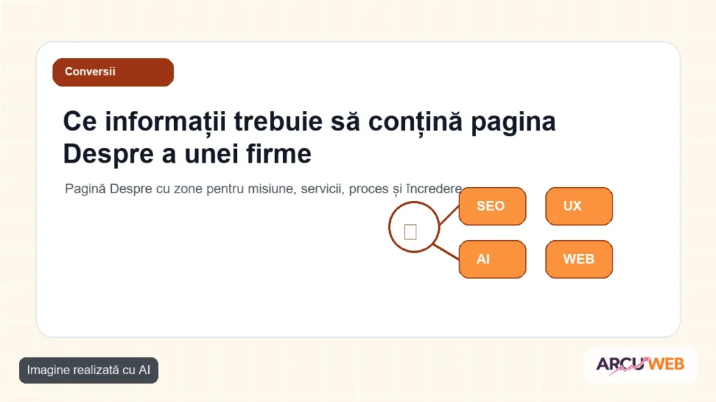Pagină Despre cu zone pentru misiune, servicii, proces și încredere