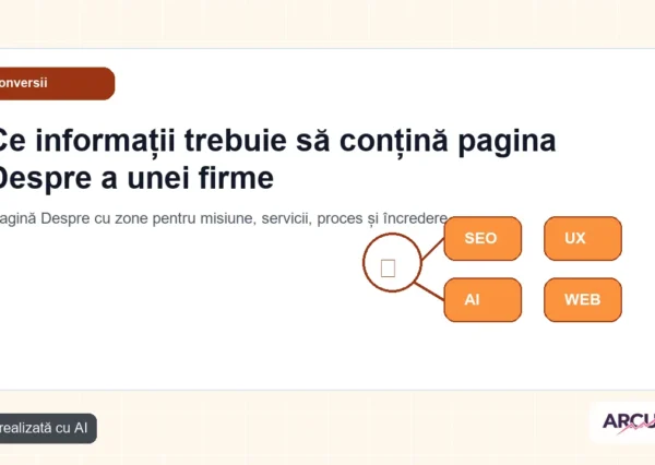 Pagină Despre cu zone pentru misiune, servicii, proces și încredere