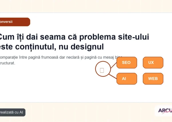 Comparație între pagină frumoasă dar neclară și pagină cu mesaj bine structurat