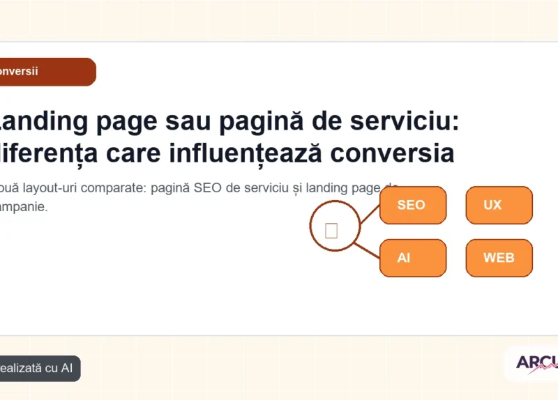 Două layout-uri comparate: pagină SEO de serviciu și landing page de campanie