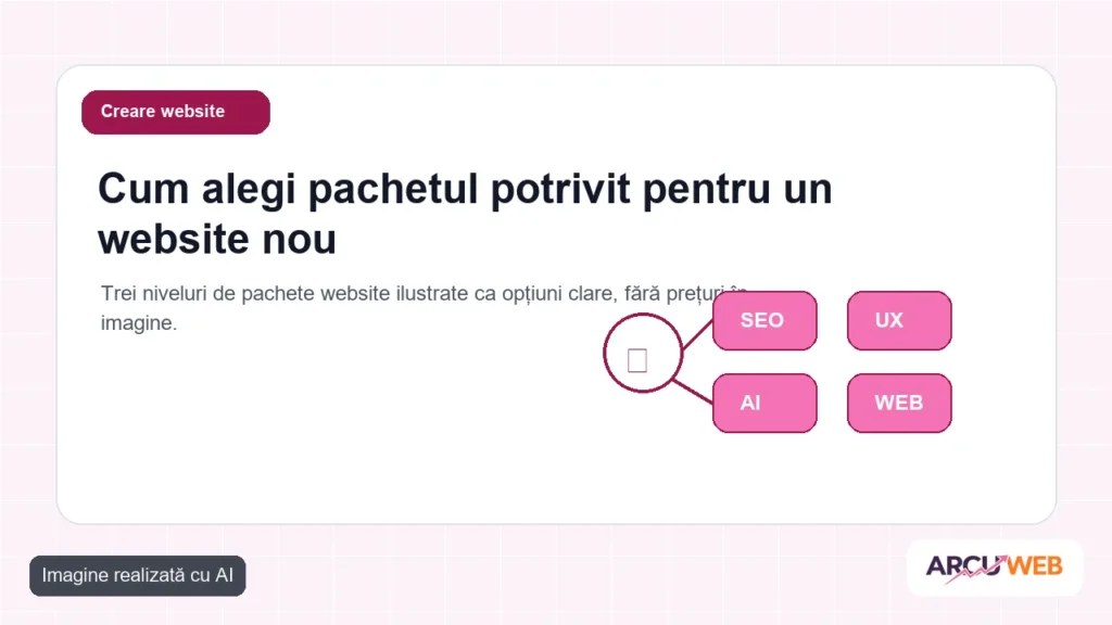Trei niveluri de pachete website ilustrate ca opțiuni clare, fără prețuri în imagine