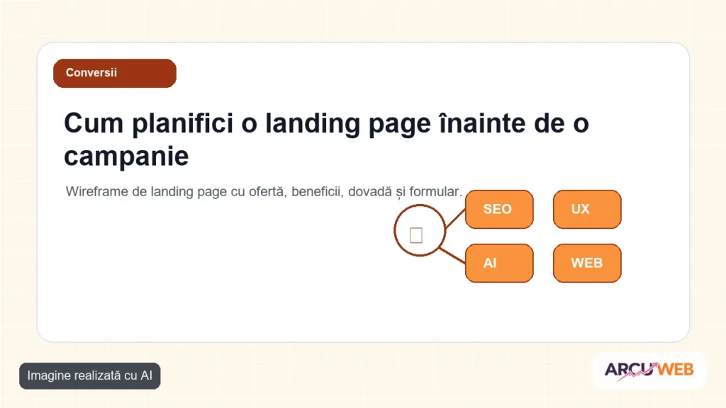 Wireframe de landing page cu ofertă, beneficii, dovadă și formular