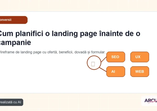 Wireframe de landing page cu ofertă, beneficii, dovadă și formular