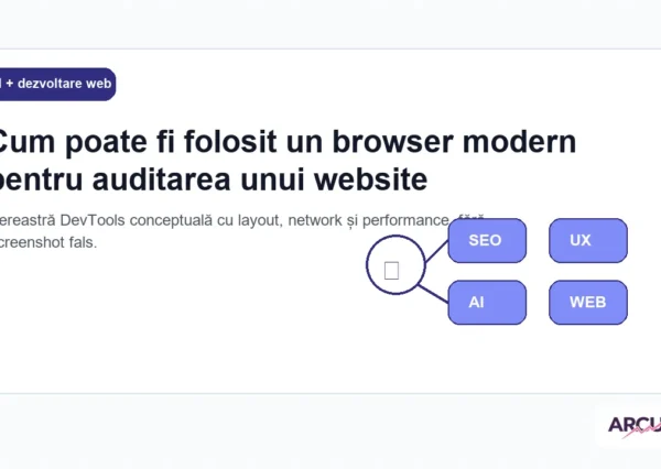 Fereastră DevTools conceptuală cu layout, network și performance, fără screenshot fals