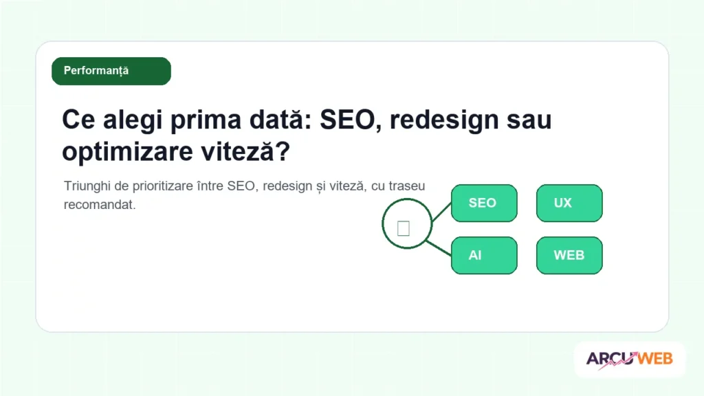 Triunghi de prioritizare între SEO, redesign și viteză, cu traseu recomandat