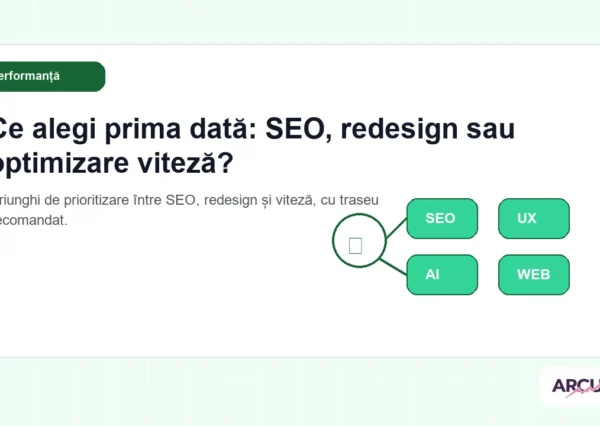 Triunghi de prioritizare între SEO, redesign și viteză, cu traseu recomandat