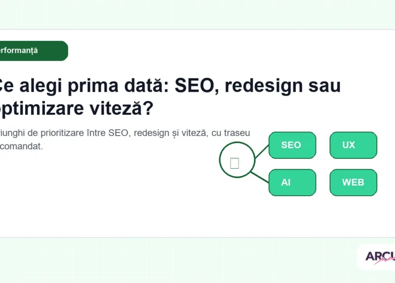 Triunghi de prioritizare între SEO, redesign și viteză, cu traseu recomandat