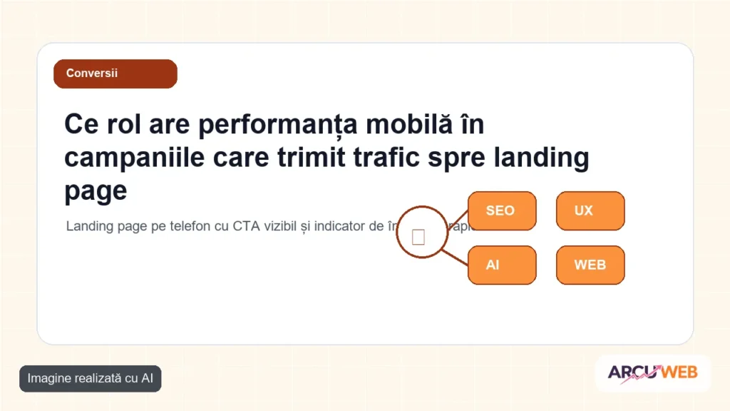 Landing page pe telefon cu CTA vizibil și indicator de încărcare rapidă