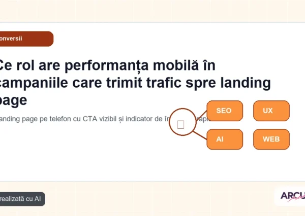Landing page pe telefon cu CTA vizibil și indicator de încărcare rapidă