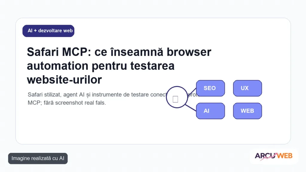 Safari stilizat, agent AI și instrumente de testare conectate prin protocol MCP; fără screenshot real fals