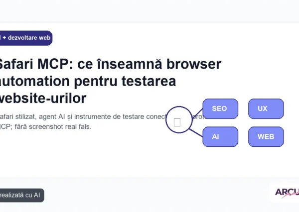 Safari stilizat, agent AI și instrumente de testare conectate prin protocol MCP; fără screenshot real fals