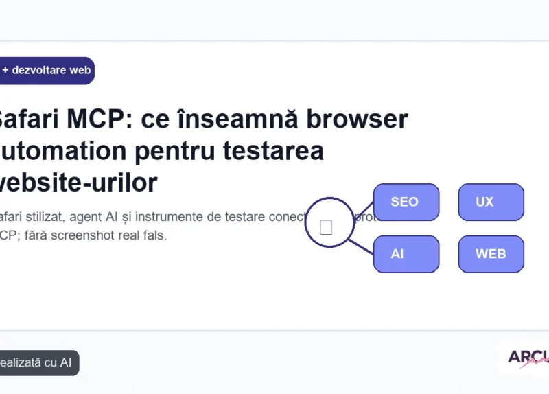 Safari stilizat, agent AI și instrumente de testare conectate prin protocol MCP; fără screenshot real fals