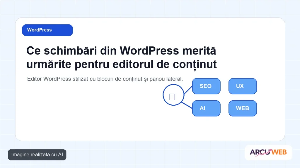 Editor WordPress stilizat cu blocuri de conținut și panou lateral