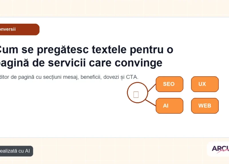Editor de pagină cu secțiuni mesaj, beneficii, dovezi și CTA