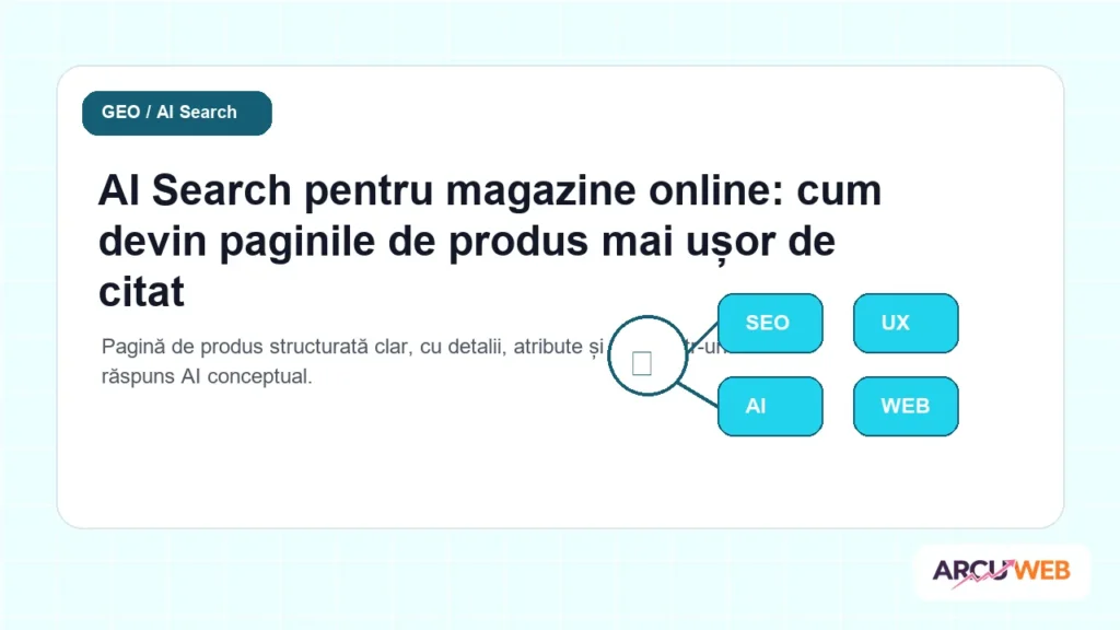 Pagină de produs structurată clar, cu detalii, atribute și citare într-un răspuns AI conceptual