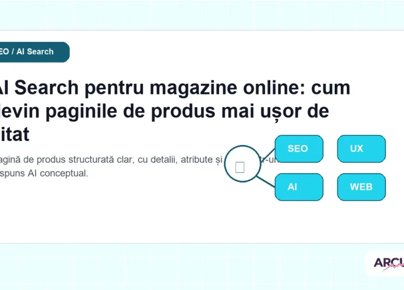 Pagină de produs structurată clar, cu detalii, atribute și citare într-un răspuns AI conceptual