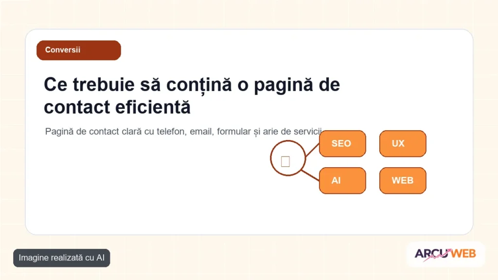 Pagină de contact clară cu telefon, email, formular și arie de servicii