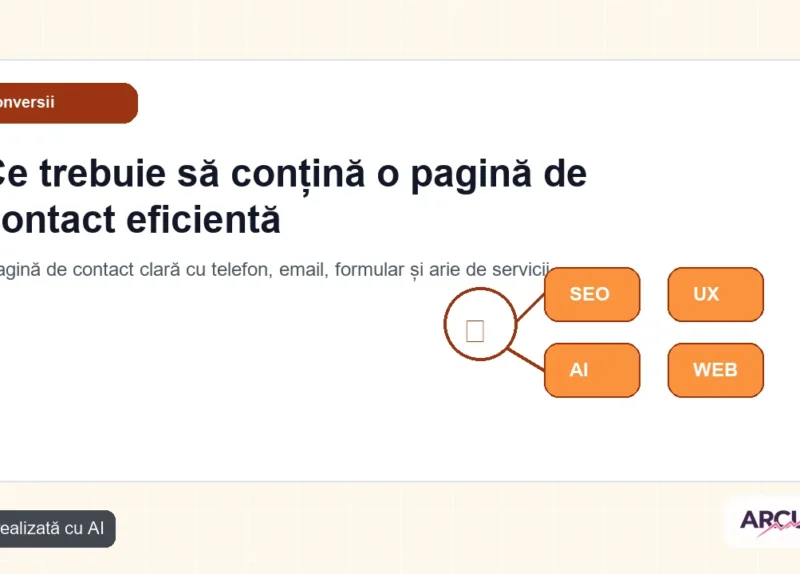 Pagină de contact clară cu telefon, email, formular și arie de servicii