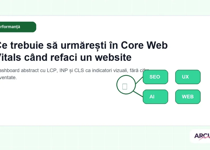 Dashboard abstract cu LCP, INP și CLS ca indicatori vizuali, fără cifre inventate