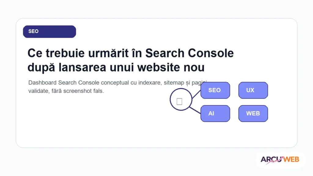 Dashboard Search Console conceptual cu indexare, sitemap și pagini validate, fără screenshot fals