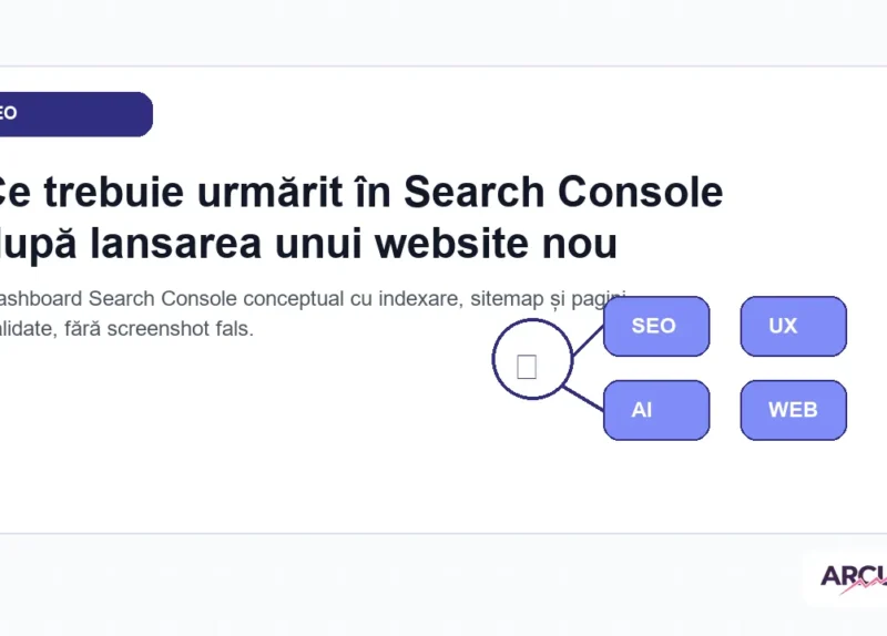 Dashboard Search Console conceptual cu indexare, sitemap și pagini validate, fără screenshot fals