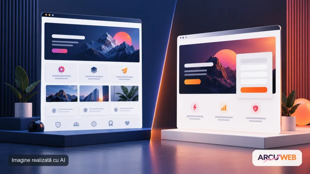 Comparație vizuală între website de prezentare și landing page pentru conversii